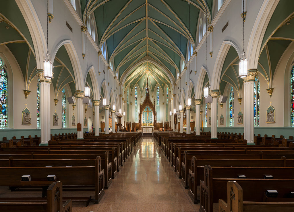 Panoramic view of the interior of the St. Louis Bertrand Catholic Church in Louisville, Kentucky