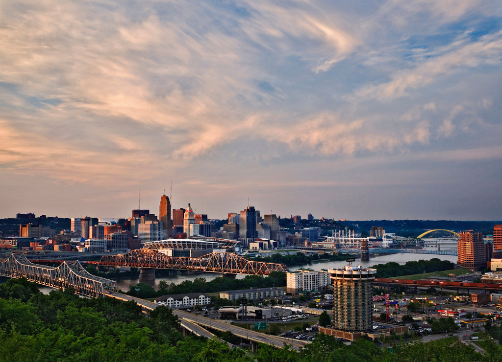 Cincinnati, Ohio and Covington, Kentucky at sunset, from Devou Park, Covington, Kentucky