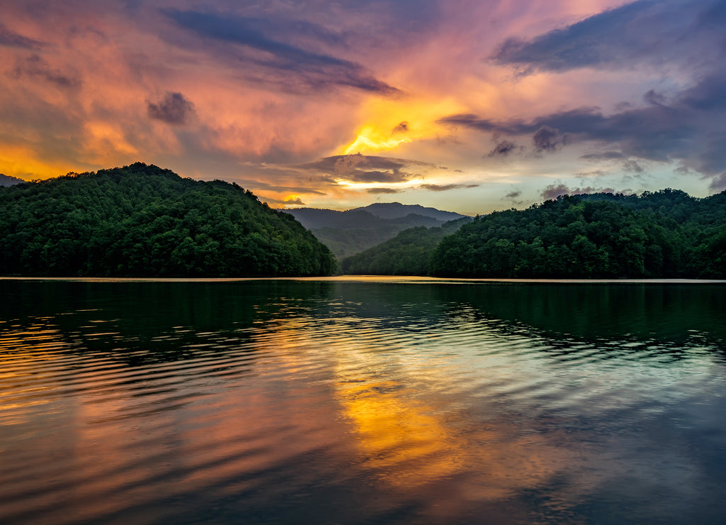 Mountain lake, scenic sunset, kentucky