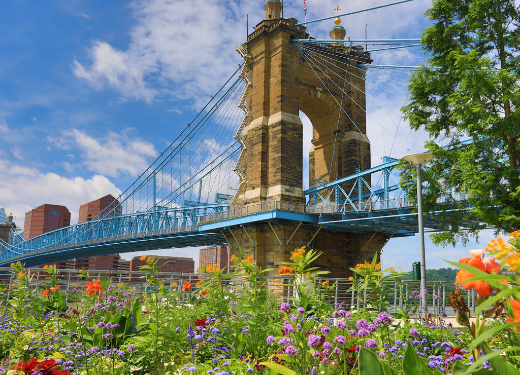 The John A. Roebling Bridge was built in 1866 to connect Covington Kentucky to Cincinnati , Ohio. It spans the Ohio River