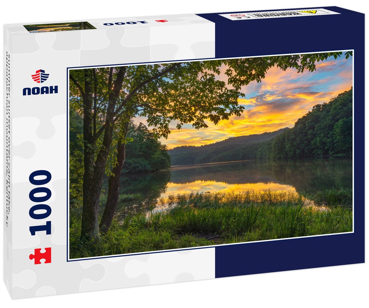 summer sunset over calm lake, appalachian mountains, kentucky