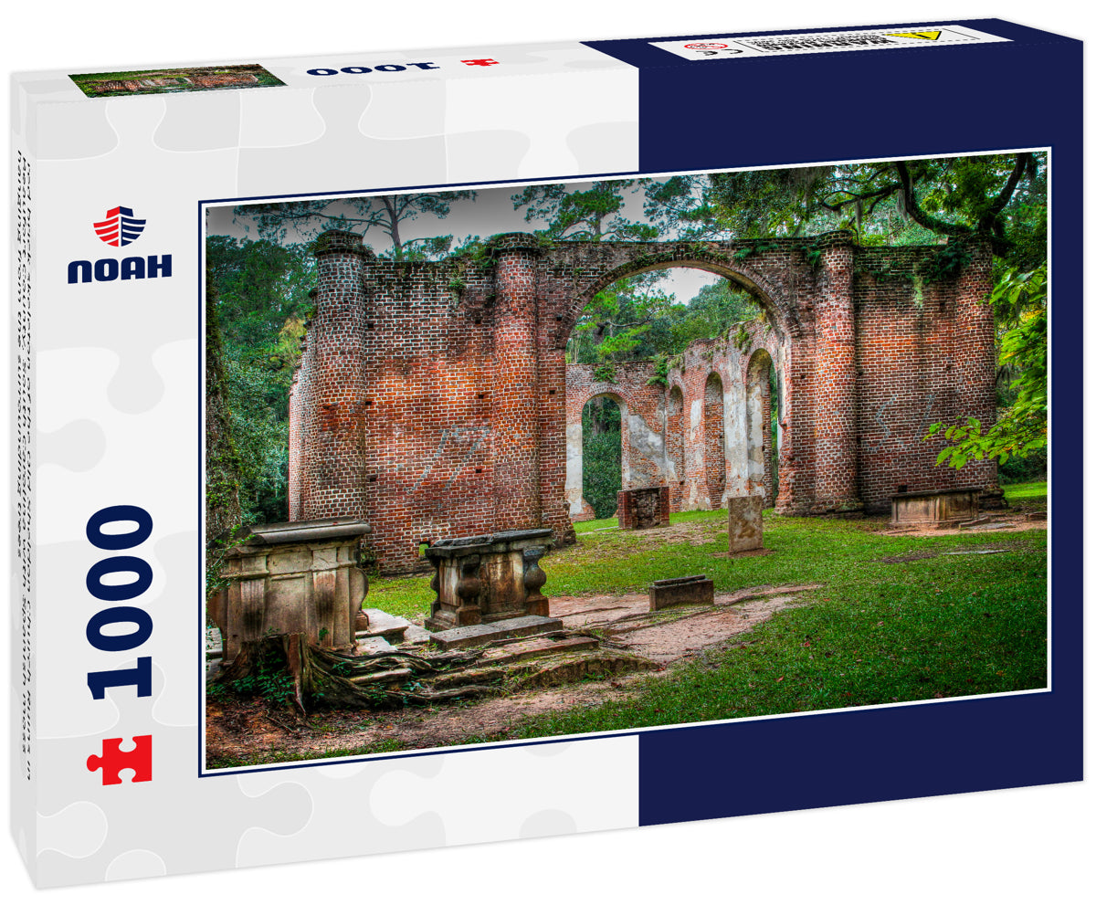 red brick skeleton of the Old Sheldon Church Ruins in Beaufort County, South Carolina with Spanish moss hanging from the surrounding trees