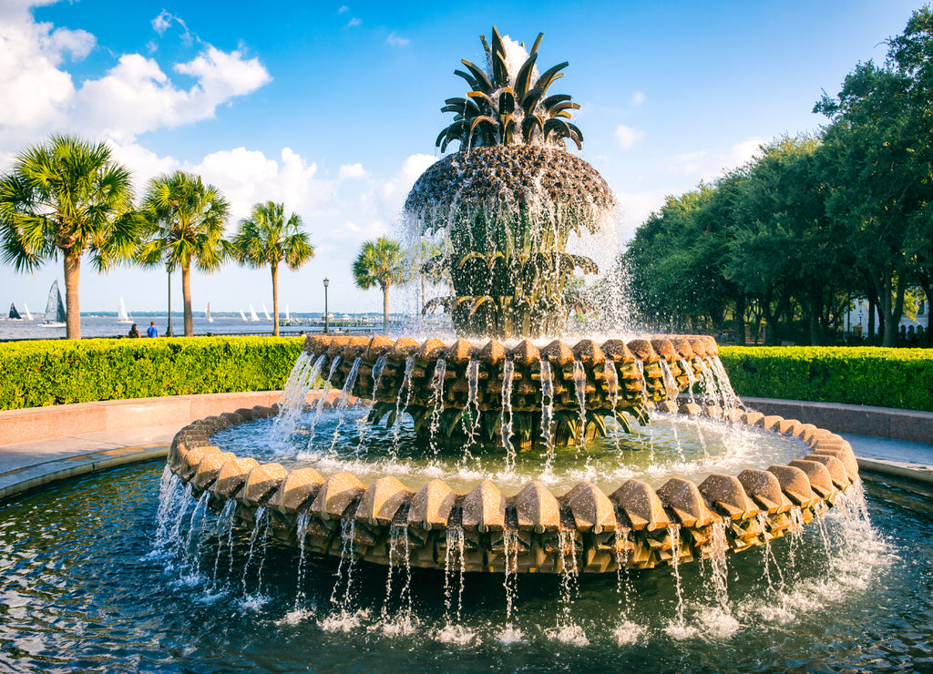 Scenic view of water streaming from a fountain in the shape of a pineapple on a blue sky afternoon at the waterfront in Charleston, South Carolina, USA