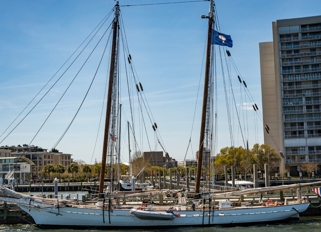 Sail boat docked at the Marina near Charleston Harbor South Carolina