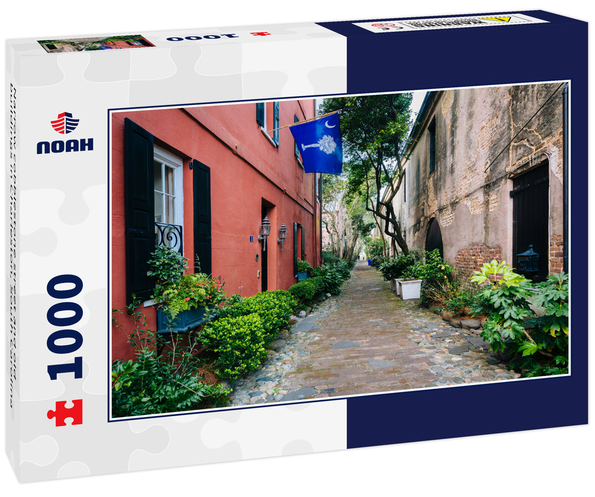 Narrow cobblestone street and old buildings in Charleston, South Carolina