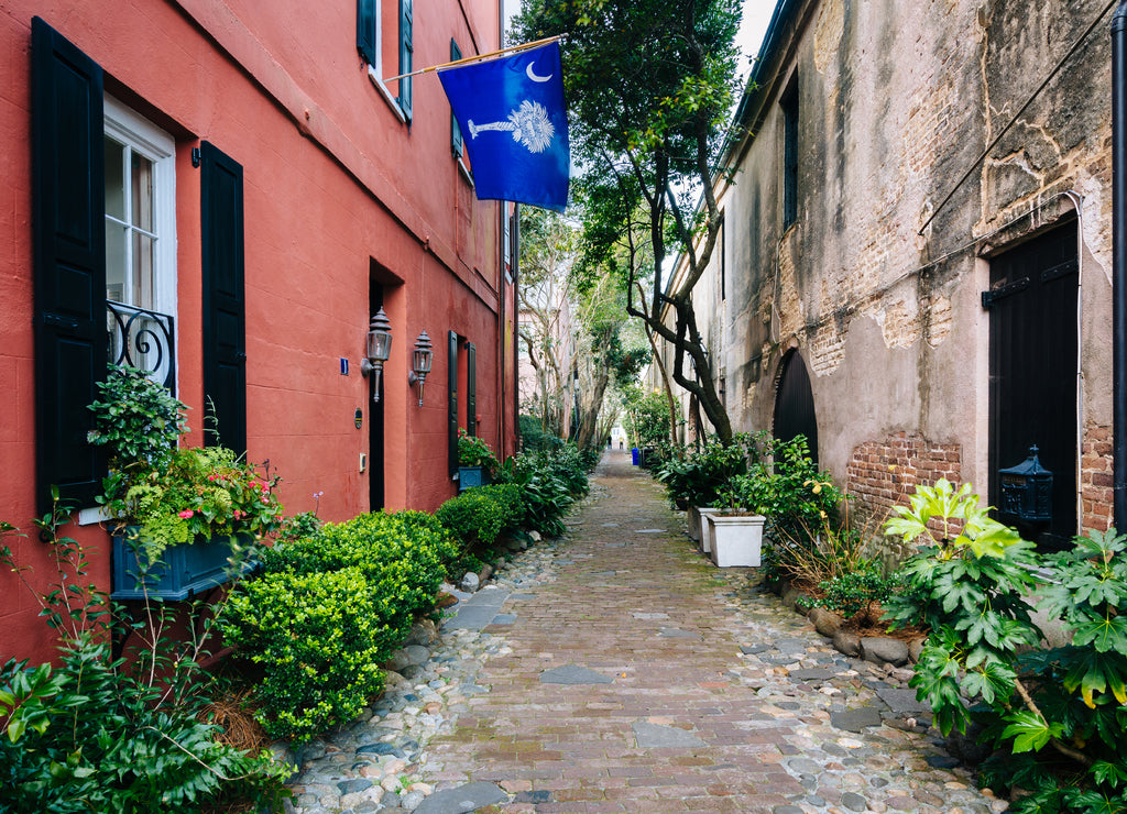 Narrow cobblestone street and old buildings in Charleston, South Carolina