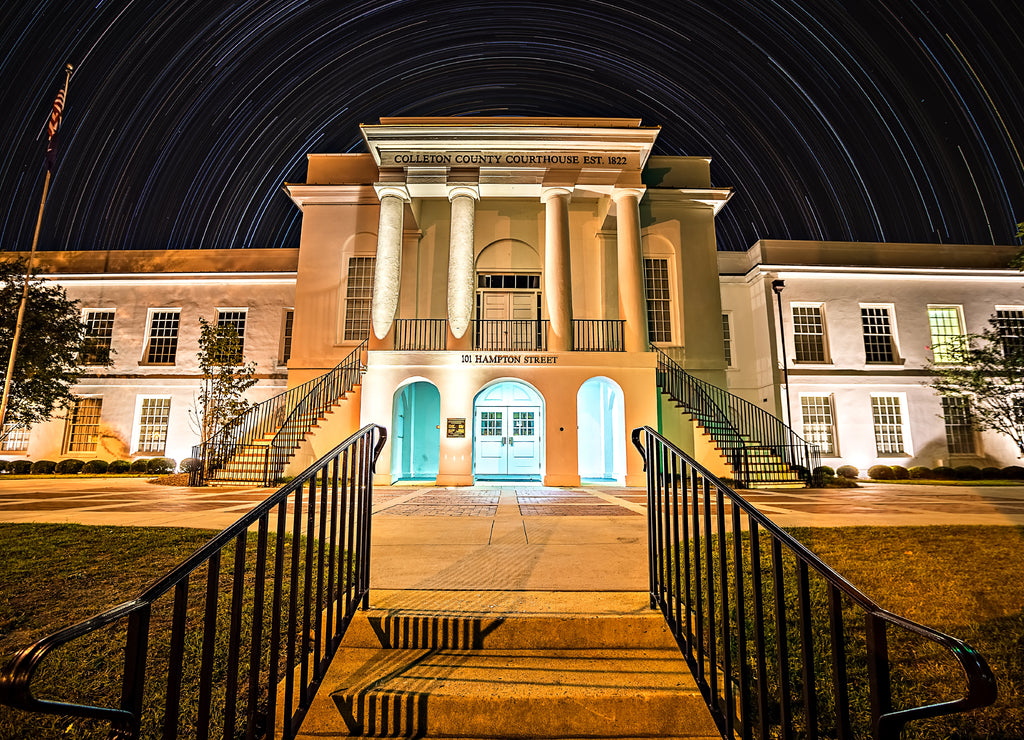November 2016 town of Walterboro South Carolina USA - Town of walterboro courthouse at night with star trails in the background