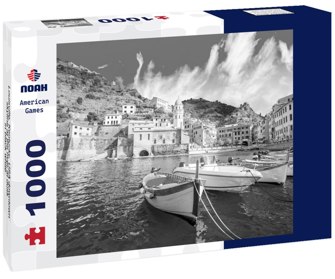 Noah Jigsaw Puzzle Louisville, Kentucky, USA downtown skyline at the river at dusk in black white 1000 pieces