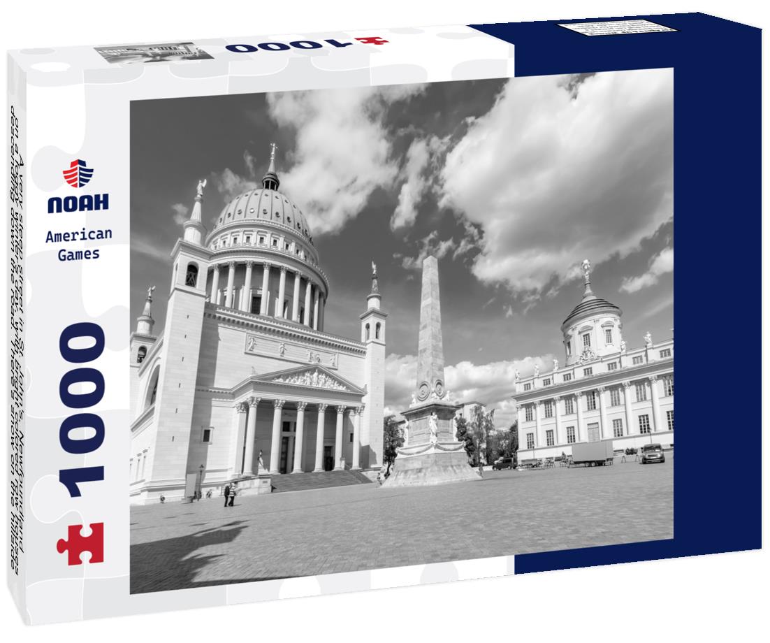 Noah Jigsaw Puzzle A very steep street in St. John's, Newfoundland, on a foggy winter's day, with bright colored row houses descending down the road. There's snow on the hillside in the background and a smooth harbor in black white 1000 pieces