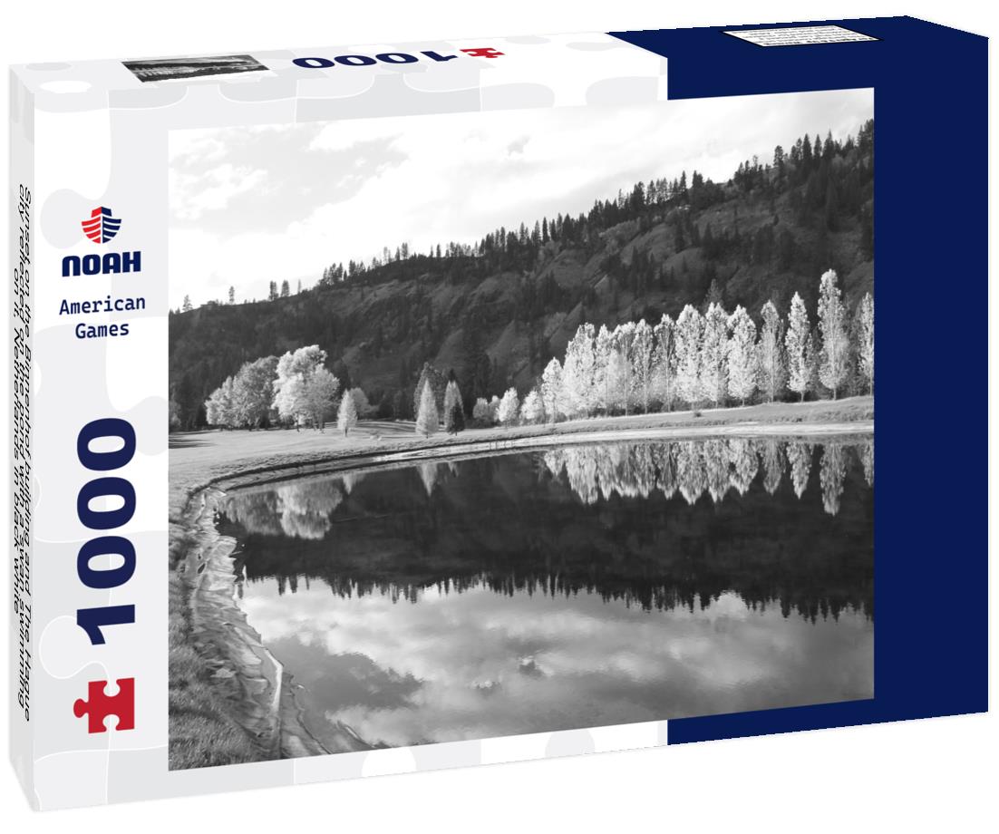 Noah Jigsaw Puzzle Sunset on the Binnenhof building and The Hague city reflected on the pond with a swan swimming on it, Netherlands in black white 1000 pieces