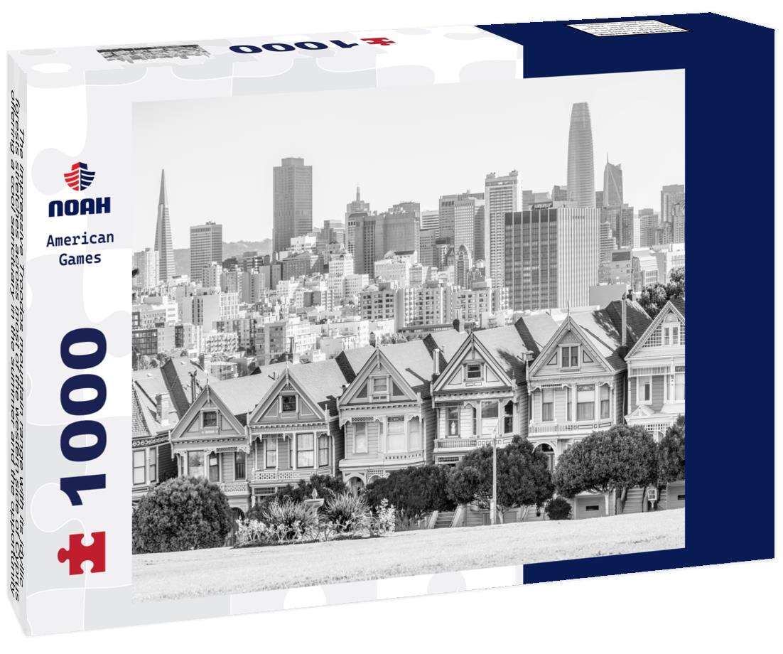 Noah Jigsaw Puzzle Painted Ladies Victorian houses in Alamo Square, San Francisco with the city skyline. in black white 1000 pieces