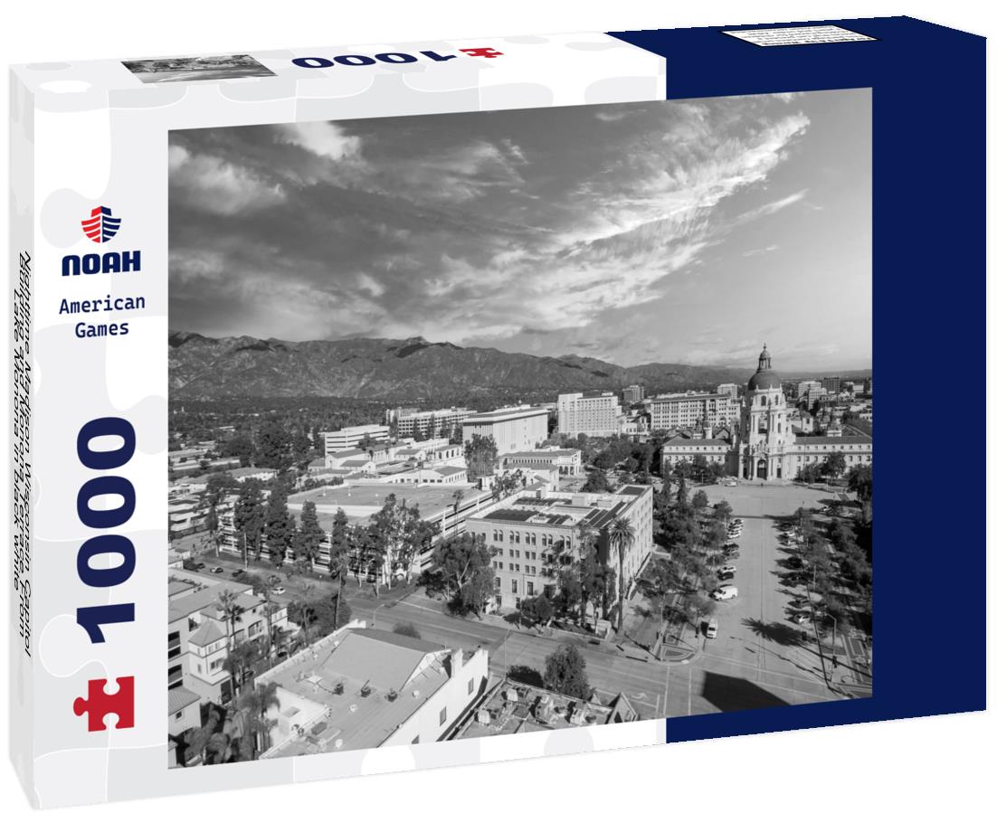 Noah Jigsaw Puzzle Nighttime Madison Wisconsin Capitol Building and Monona Terrace From Lake Monona in black white 1000 pieces