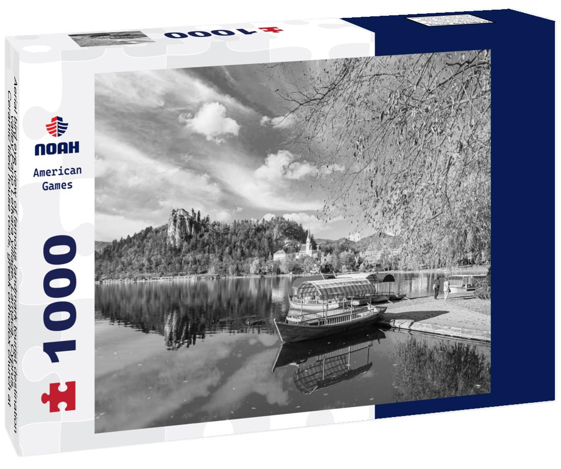 Noah Jigsaw Puzzle Aerial bird eye view of famous landmark tourist destination valley Pano Lefkara village, Larnaca, Cyprus. Ceramic tiled house roofs, greek orthodox church at south of Troodos hills, Kionia in black white 1000 pieces