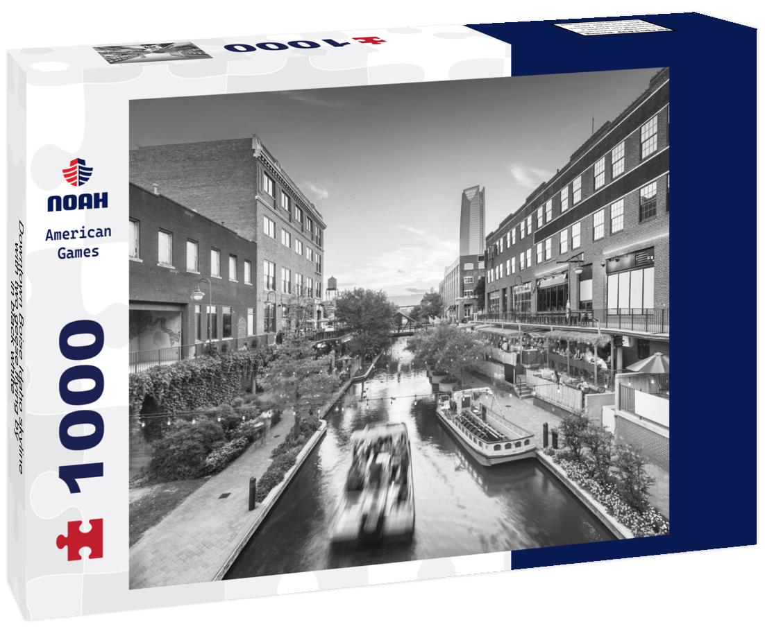 Noah Jigsaw Puzzle Downtown Boise Idaho skyline with two geese flying by in black white 1000 pieces