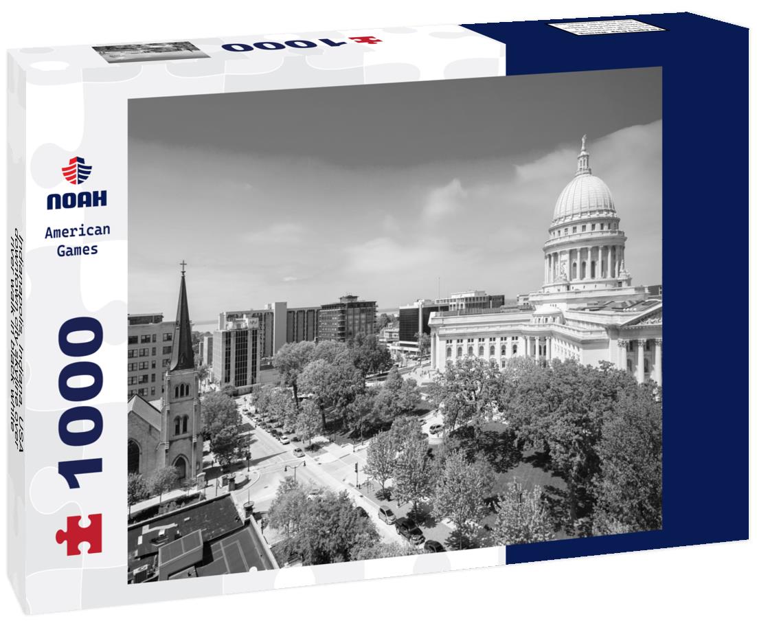 Noah Jigsaw Puzzle Indianapolis, Indiana, USA downtown city skyline over river walk in black white 1000 pieces
