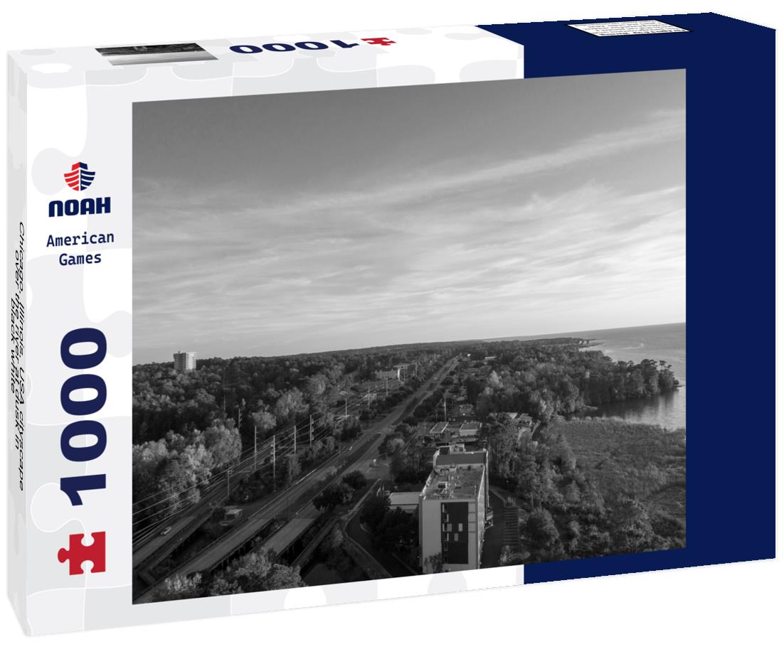 Noah Jigsaw Puzzle Chicago, Illinois, USA cityscape over the river at dusk in black white 1000 pieces