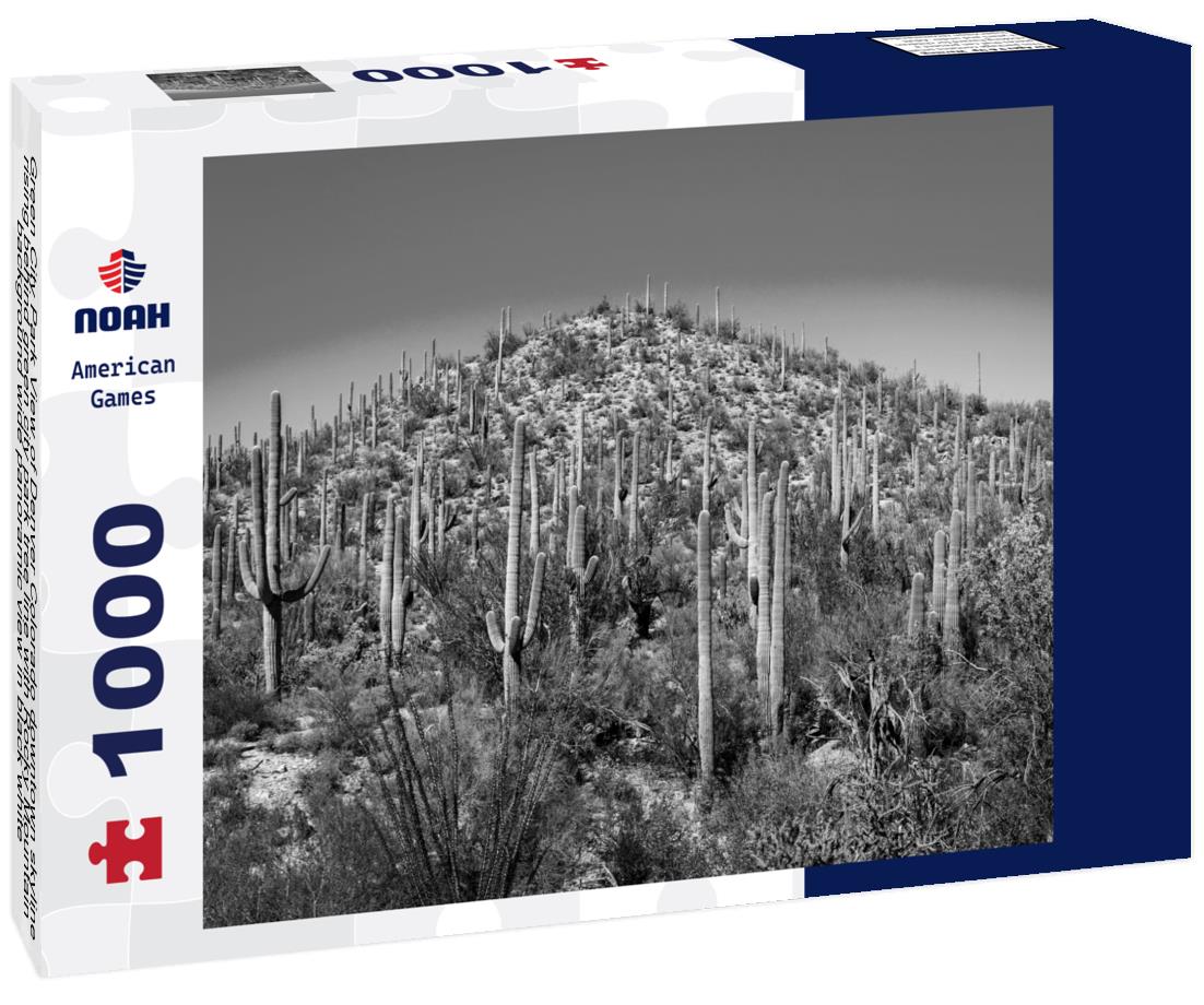 Noah Jigsaw Puzzle Green City Park View of Denver Colorado downtown skyline rising behind green city park tree line with Rocky Mountain background wide panoramic view in black white 1000 pieces