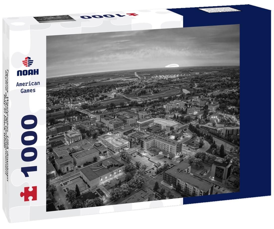 Noah Jigsaw Puzzle Tacoma, Washington, USA downtown skyline at dusk on Commencement Bay in black white 1000 pieces