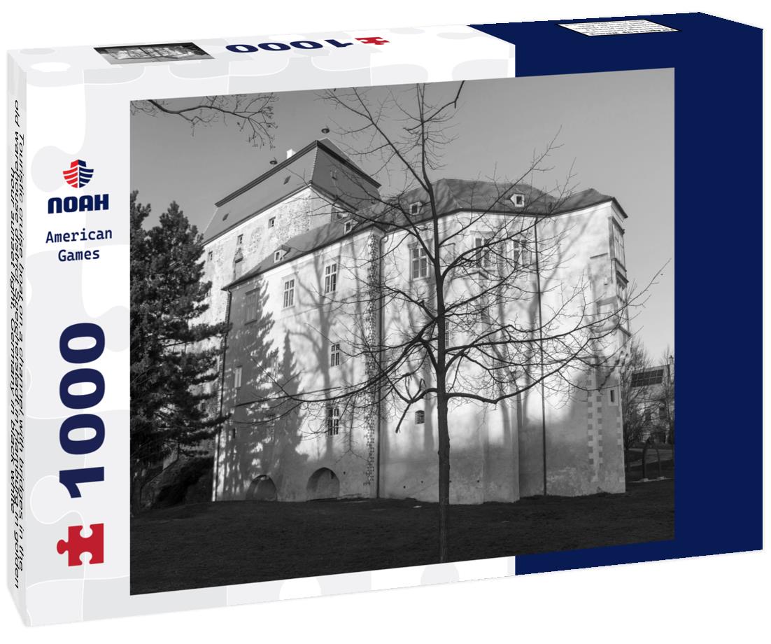 Noah Jigsaw Puzzle Touristic cruise boat on a channel with bridges in the old warehouse district Speicherstadt in Hamburg in golden hour sunset light, Germany in black white 1000 pieces