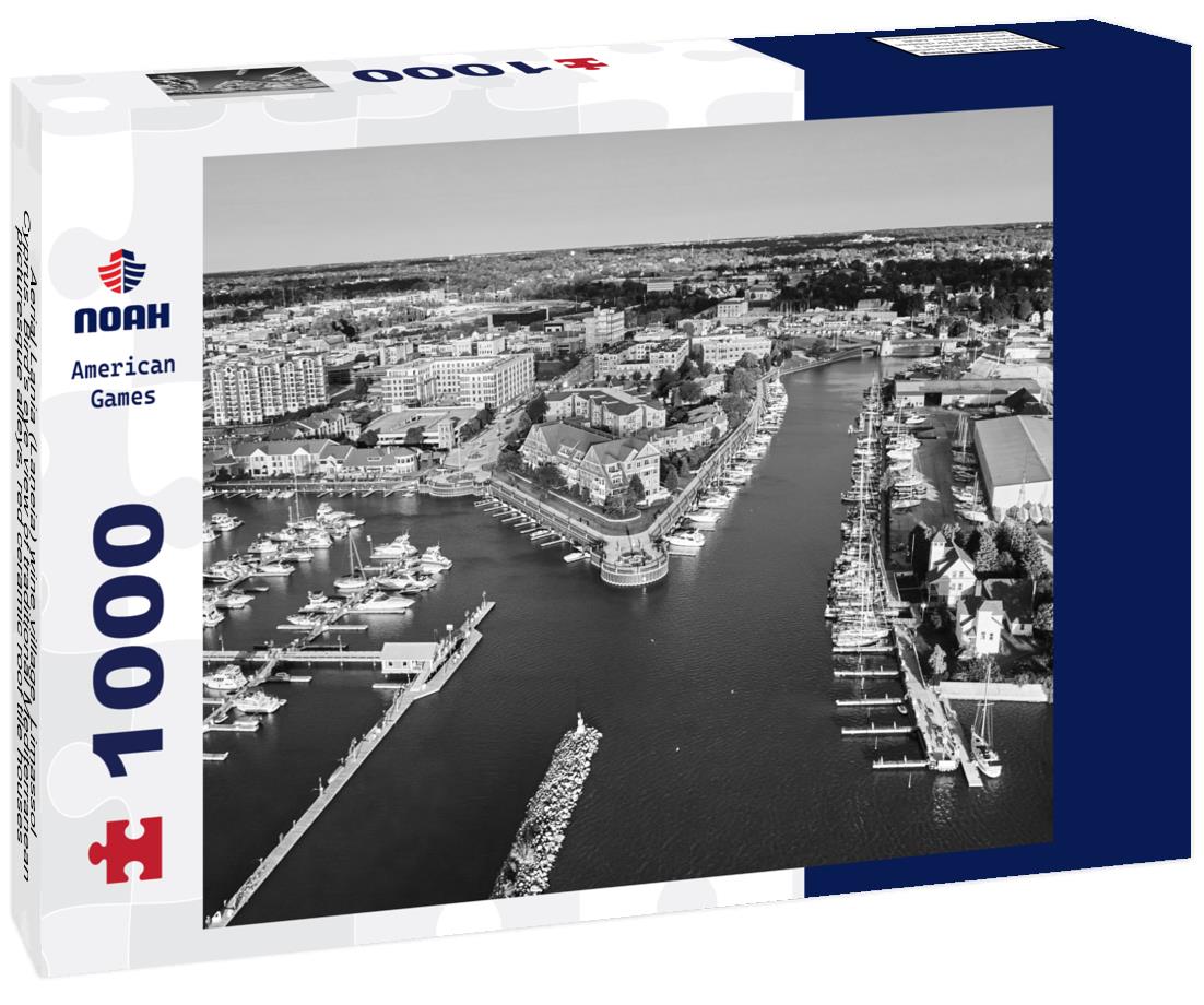 Noah Jigsaw Puzzle Aerial Lania (Laneia) wine village, Limassol, Cyprus. Bird's eye view of traditional Mediterranean, picturesque alleys, red ceramic roof tile houses, vineyards, church and entrance in black white 1000 pieces