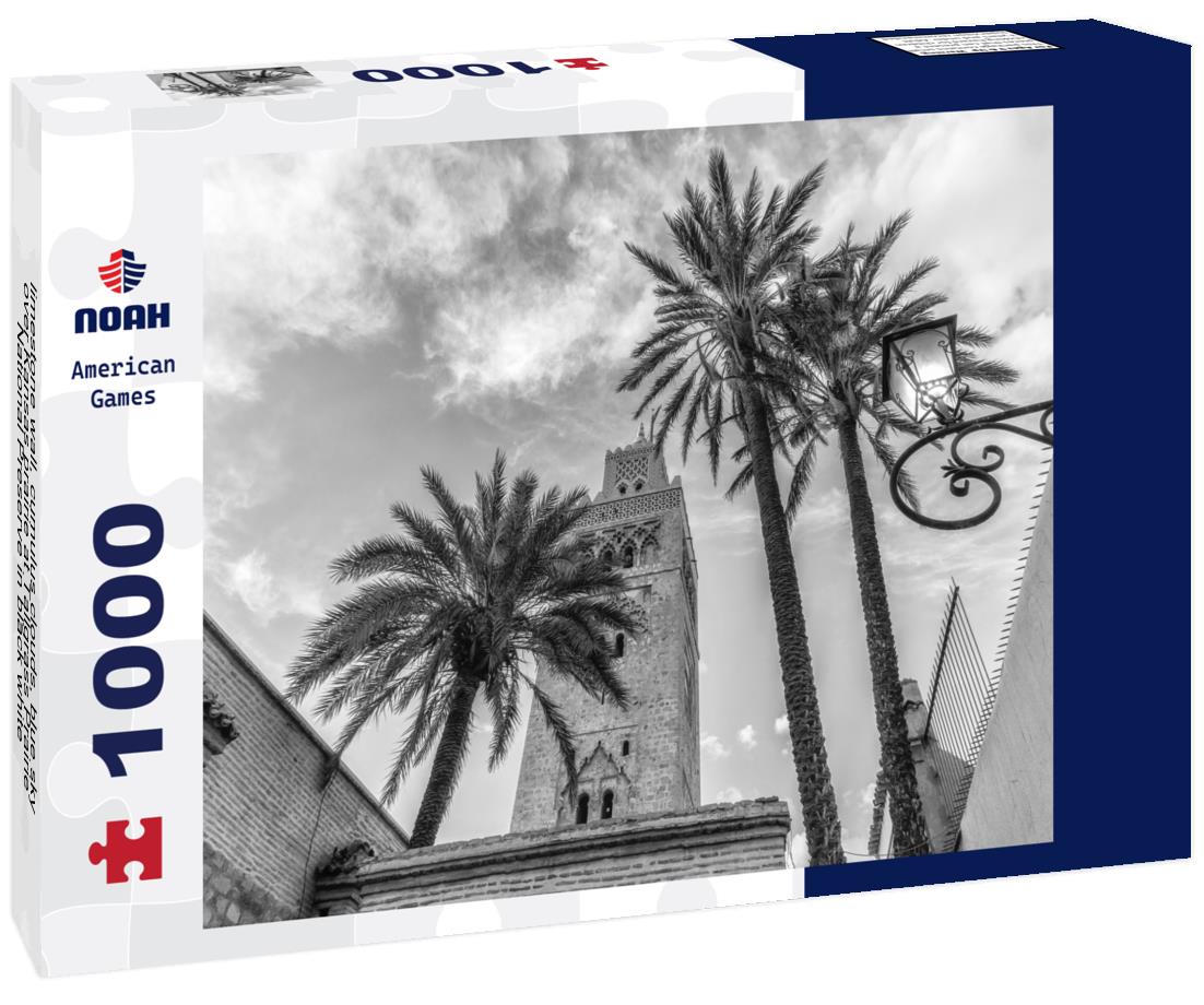 Noah Jigsaw Puzzle limestone wall, cumulus clouds, blue sky over Kansas prairie at Tallgrass Prairie National Preserve in black white 1000 pieces