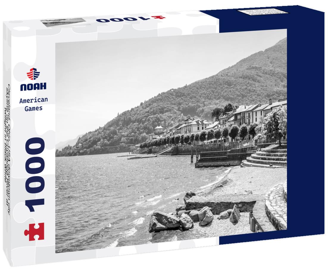 Noah Jigsaw Puzzle Cleveland, Ohio, USA downtown city skyline on the Cuyahoga River at twilight in black white 1000 pieces