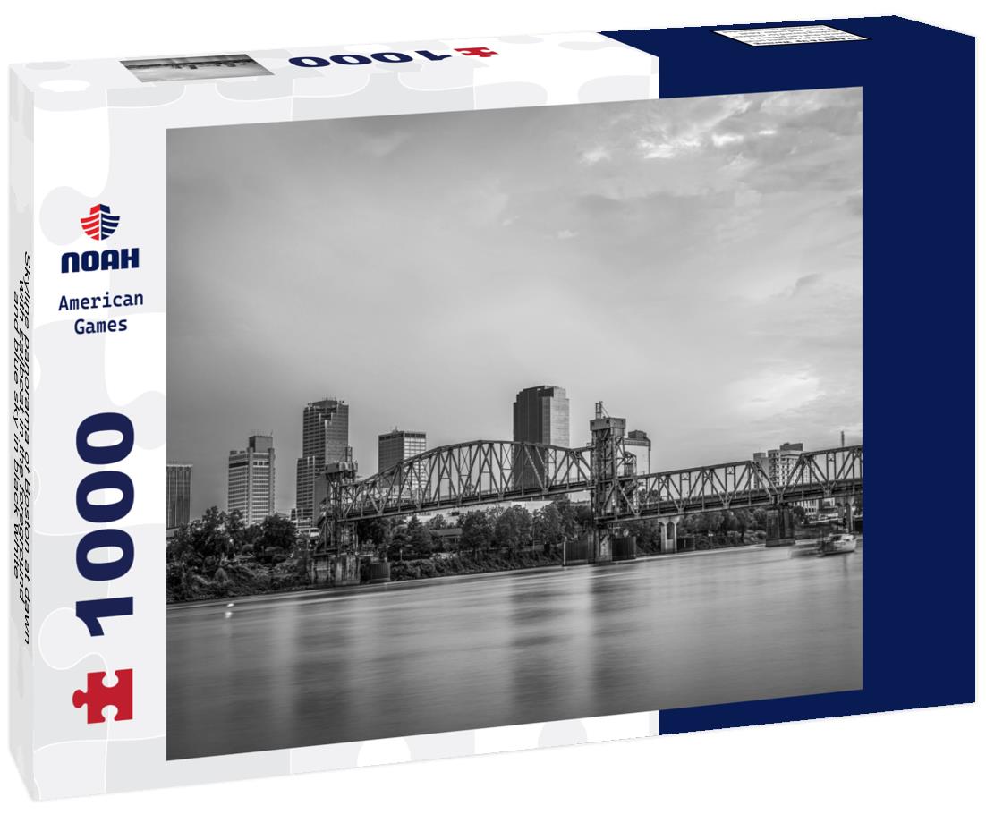 Noah Jigsaw Puzzle Skyline panorama of Boston at dawn with sailboat in the foreground and blue sky in black white 1000 pieces