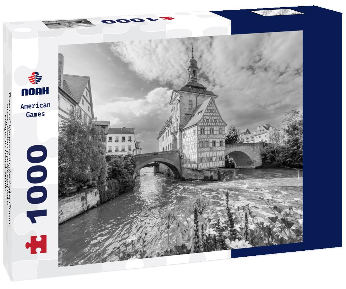 Noah Jigsaw Puzzle Town of Varenna in the Lake Como area. Italian traditional lake village in black white 1000 pieces