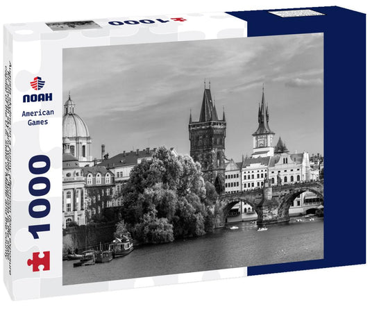 Noah Jigsaw Puzzle Augusta skyline on a sunny afternoon (long exposure for smooth sky and water). Augusta is the state capital of the U.S. state of Maine and the county seat of Kennebec County in black white 1000 pieces