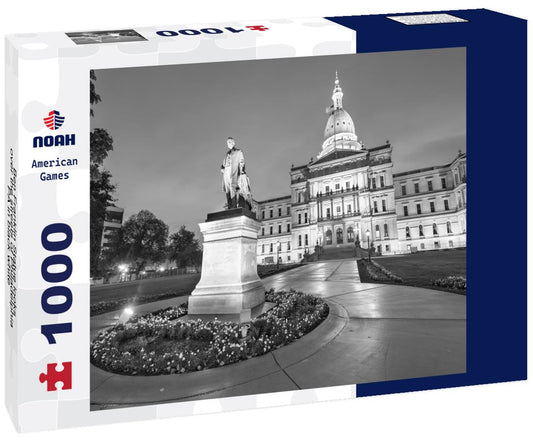 Noah Jigsaw Puzzle Ben Franklin Statue looks over the streets of Philadelphia PA in black white 1000 pieces