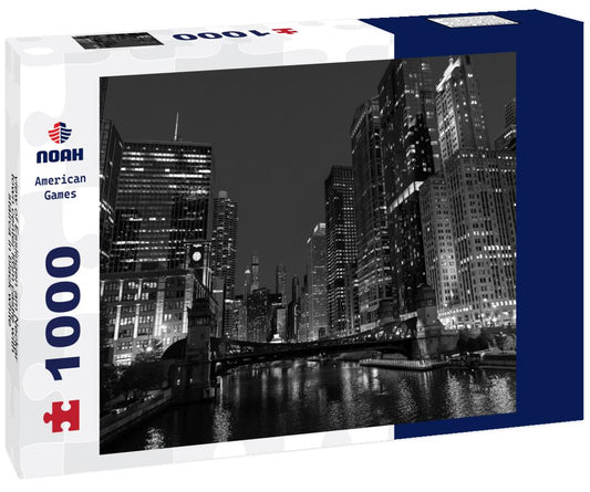 Noah Jigsaw Puzzle Chicago City Skyline at Night with River and Bridge is captured with long exposure, Illinois, USA. in black white 1000 pieces