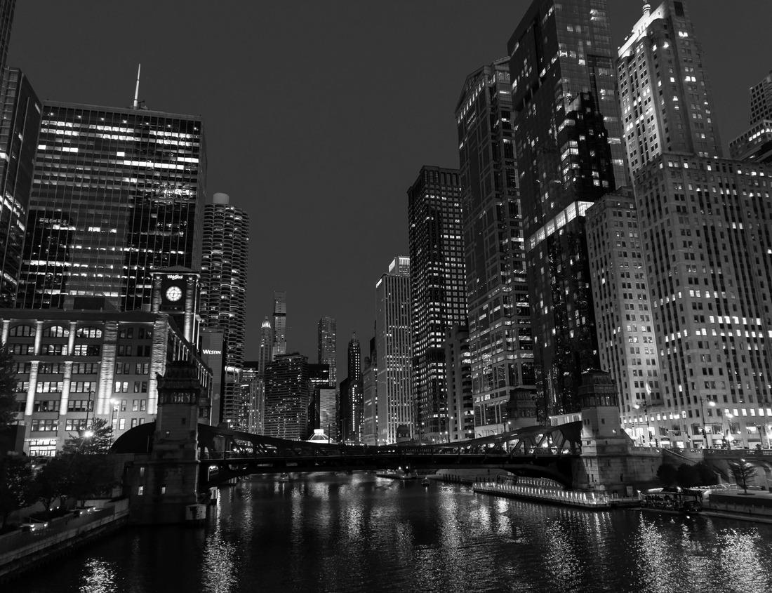 Noah Jigsaw Puzzle Chicago City Skyline at Night with River and Bridge is captured with long exposure, Illinois, USA. in black white 1000 pieces