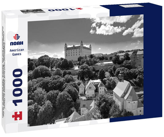 Noah Jigsaw Puzzle Traditional mud-built houses in Gaoui, Chad N'Djamena. Ancient antique houses in the Sahel desert and the Sahara. Hot weather in desert climate at the Chari River in black white 1000 pieces