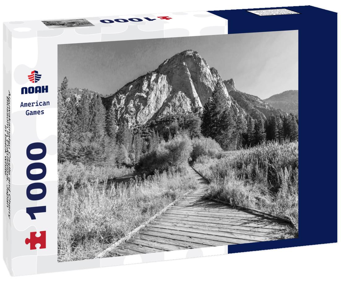 Noah Jigsaw Puzzle Aizuwakamatsu Castle and Cherry Blossom in Fukushima, Japan in black white 1000 pieces