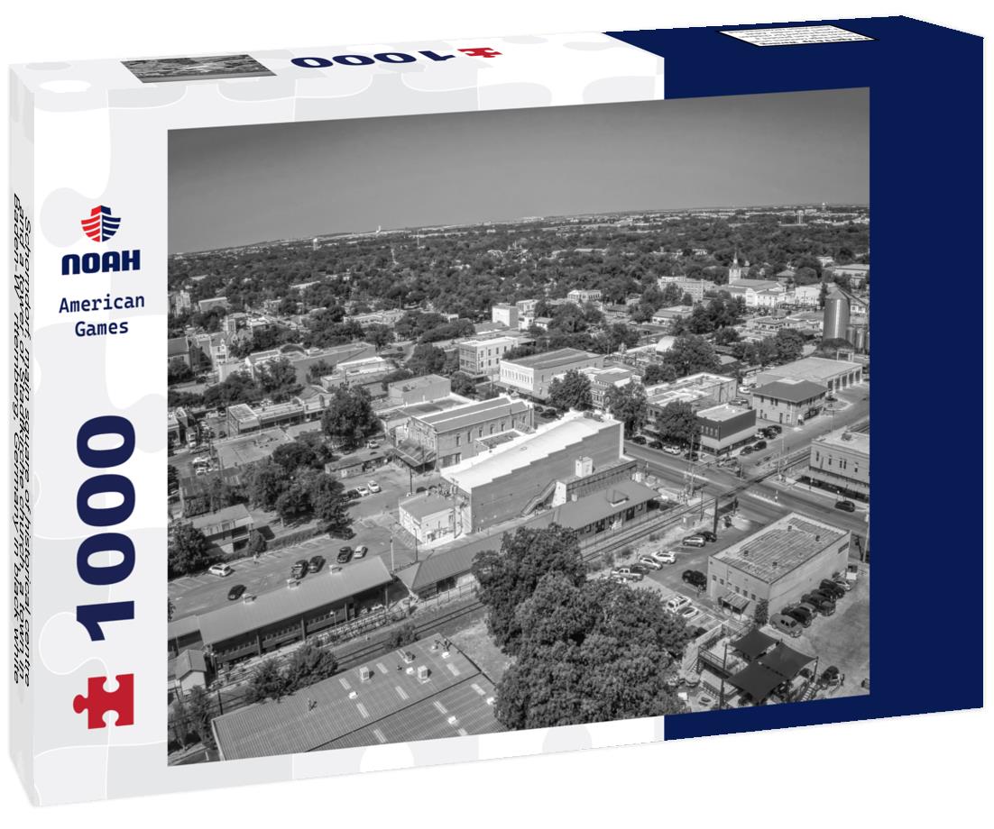 Noah Jigsaw Puzzle Schorndorf, main square of historical centre and a tower of Stadtkirche church, a town in Baden-Württemberg, Germany in black white 1000 pieces