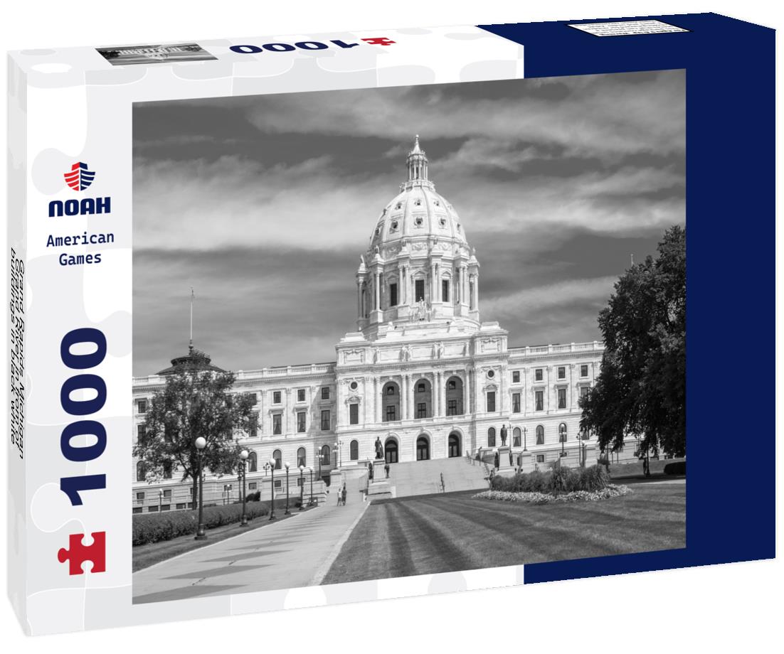 Noah Jigsaw Puzzle Grand Rapids Michigan, Grand River in from of buildings in black white 1000 pieces