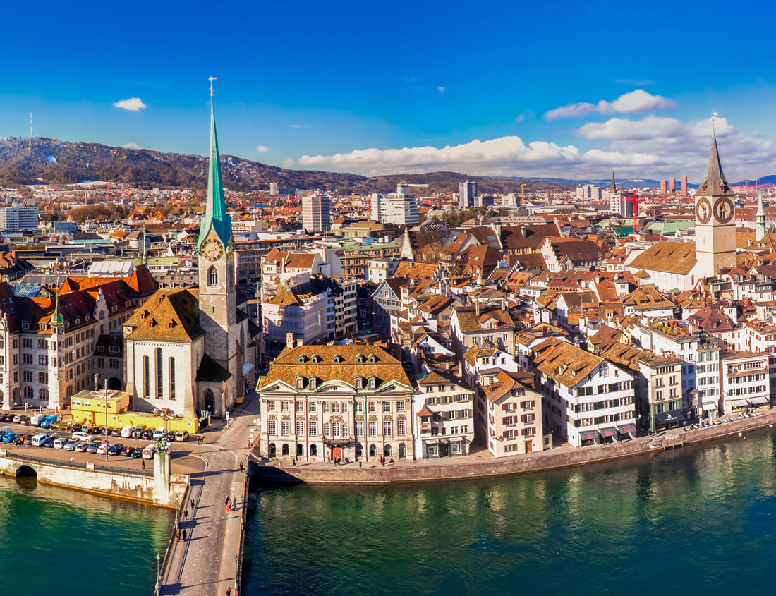 The historic center of Zurich is viewed from the Grossmünster Church, featuring the Fraumünster Church, Limmat River, and Lake Zurich, Switzerland. 1000pc PuzzleBlack and White