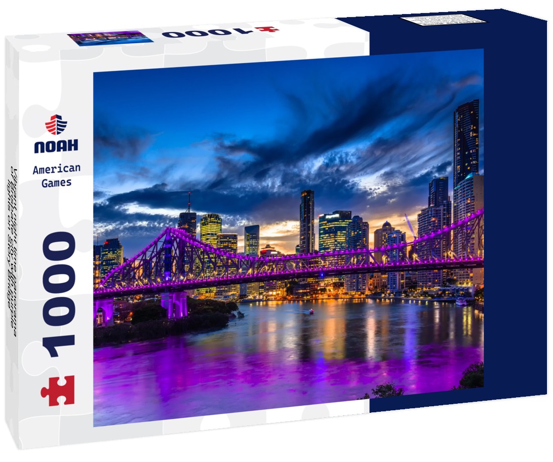 Noah Jigsaw Puzzle Vibrant night-time panorama of Brisbane city with purple lights on the Story Bridge, Australia. in black white 1000 pieces