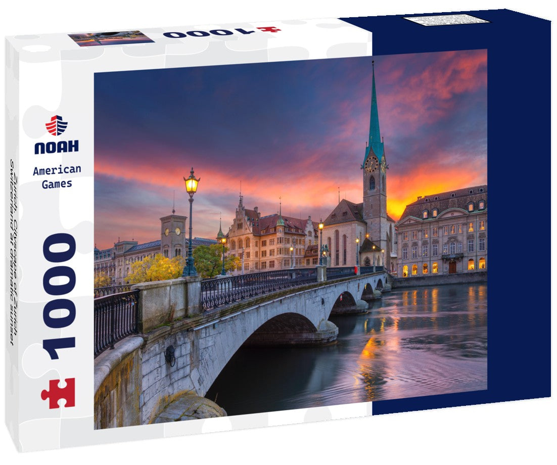 Cityscape of Zurich, Switzerland at a dramatic sunset. 1000pc PuzzleBlack and White