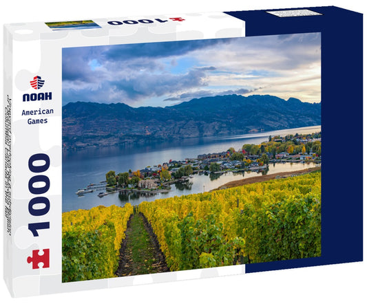 Noah Jigsaw Puzzle Vineyard overlooking a subdivision and Okanagan Lake in Kelowna, British Columbia, Canada in autumn. in black white 1000 pieces