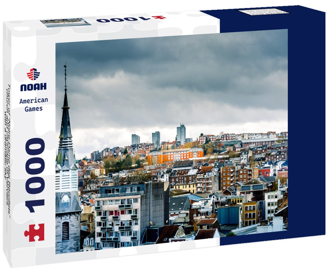 Noah Jigsaw Puzzle Tower of “Notre-Dame des Récollets” church and cityscape of Verviers with a dramatic sky 1000 pieces