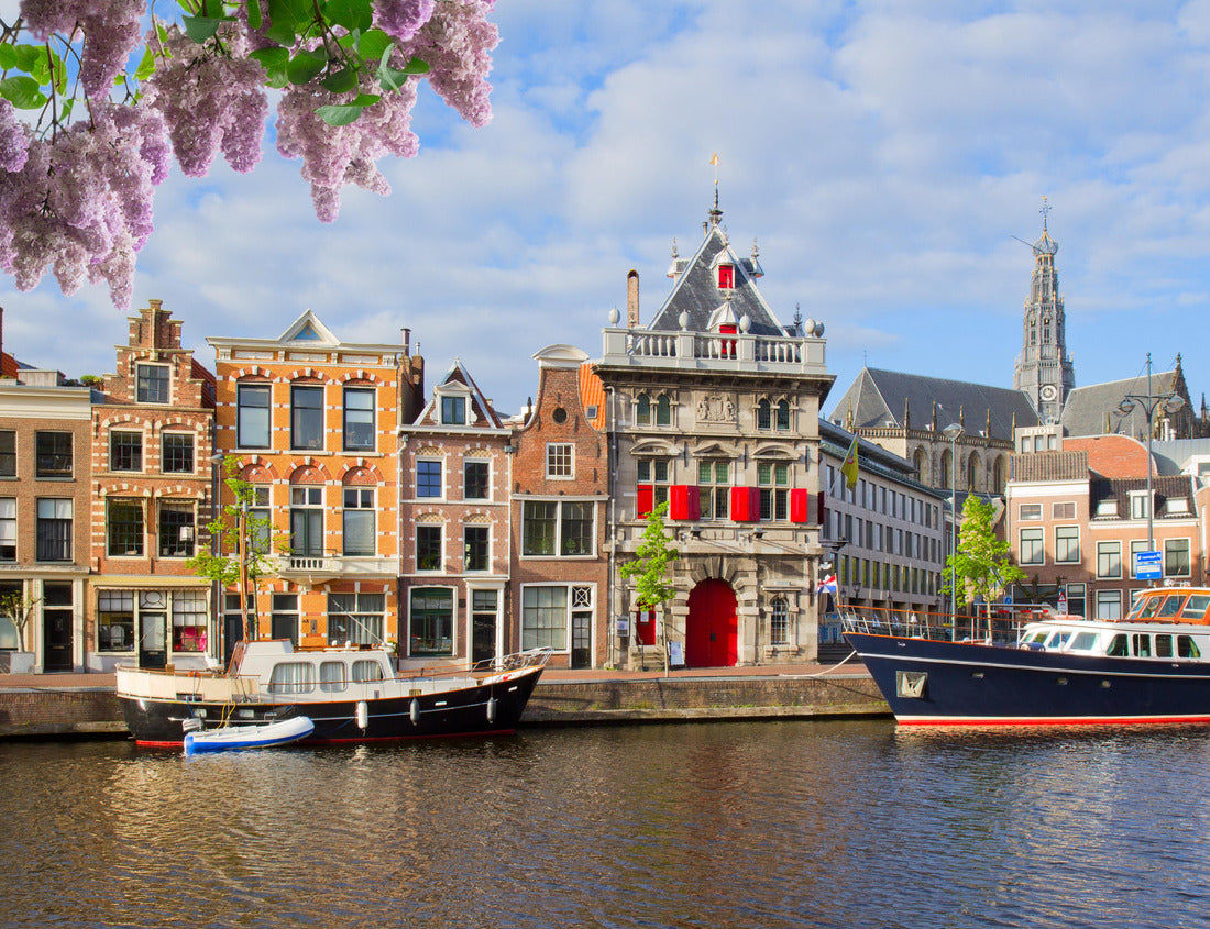 Noah Jigsaw Puzzle Canal with historic houses in old Haarlem, Holland with purple flowers 1000 pieces