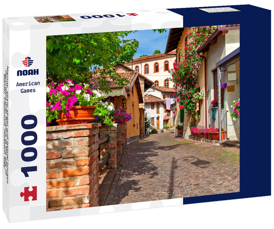 Noah Jigsaw Puzzle Narrow, stone street and typical houses decorated with flowers in the city of Barolo, Piedmont, northern Italy 1000 pieces