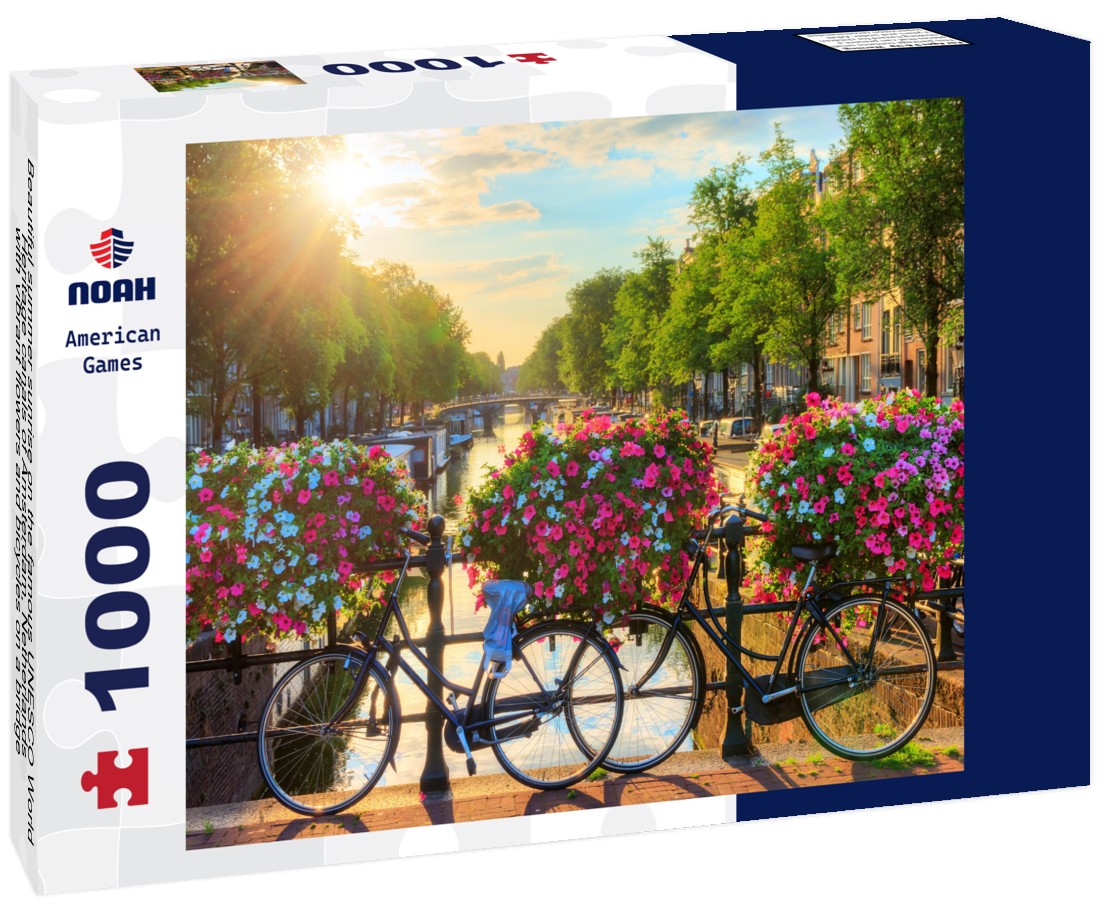 Noah Jigsaw Puzzle Beautiful summer sunrise on the famous UNESCO World Heritage canals of Amsterdam, Netherlands, with vibrant flowers and bicycles on a bridge 1000 pieces