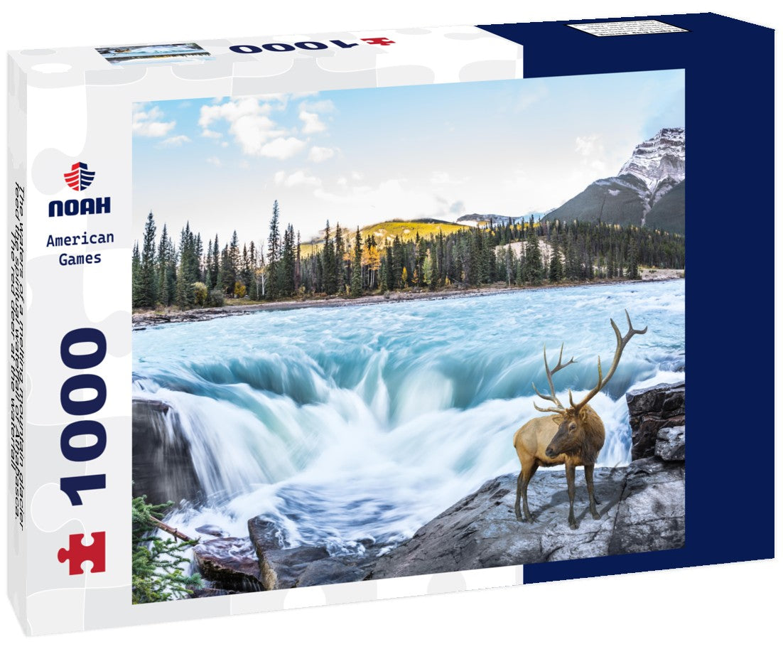 Noah Jigsaw Puzzle The waters of a melting mountain glacier feed the spiritual waterfall of Athabasca. The red deer at the waterfall 1000 pieces