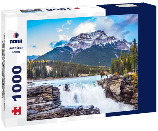 Noah Jigsaw Puzzle The waters of a melting mountain glacier feed the spiritual Athabasca waterfall. Red stag at waterfall. Jasper Park, Canada 1000 pieces