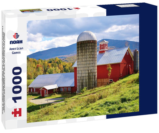 Noah Jigsaw Puzzle Red barn and silo with a sloping hill and green grass in foreground, trees with fall colors and Vermont mountains in the background under a blue and cloudy sky on a nice autumn day 1000 pieces
