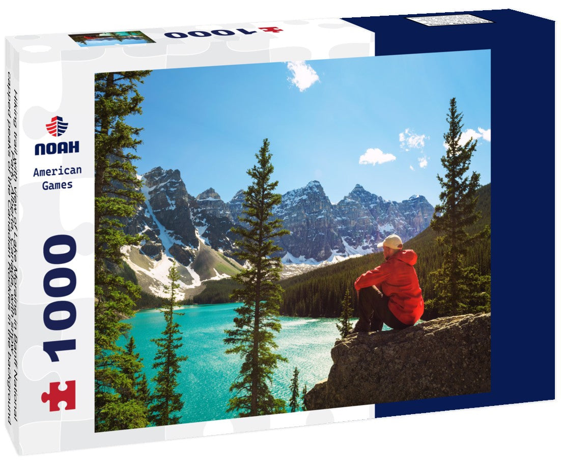 Noah Jigsaw Puzzle Hiking trail with view of Lake Moraine in Banff National Park, Alberta, Canada, with snow-capped peaks of the Canadian Rockies in the background 1000 pieces