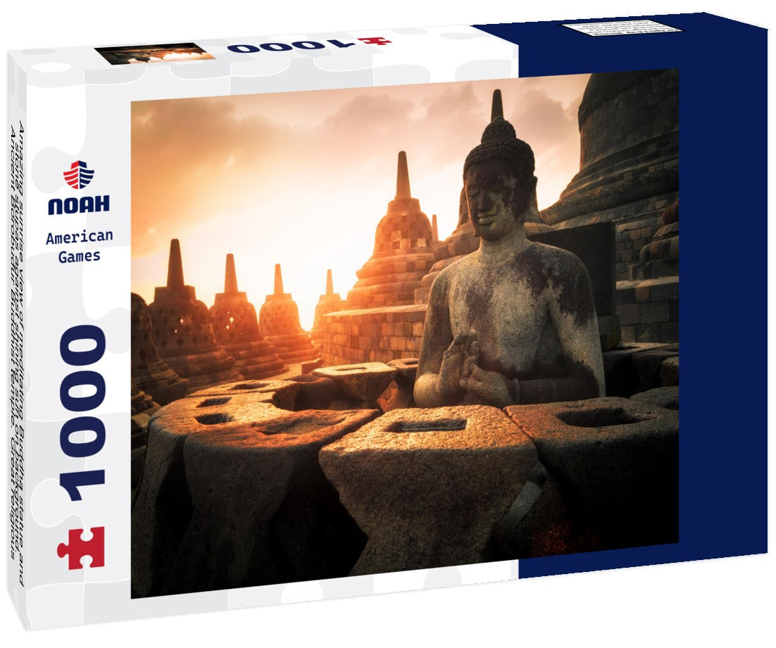 Noah Jigsaw Puzzle Amazing sunrise view of meditating Buddha statue and stone stupas against shining sun on background. Ancient Borobudur Buddhist temple. Great religious architecture. Magelang, Central Java, Indonesia 1000 pieces