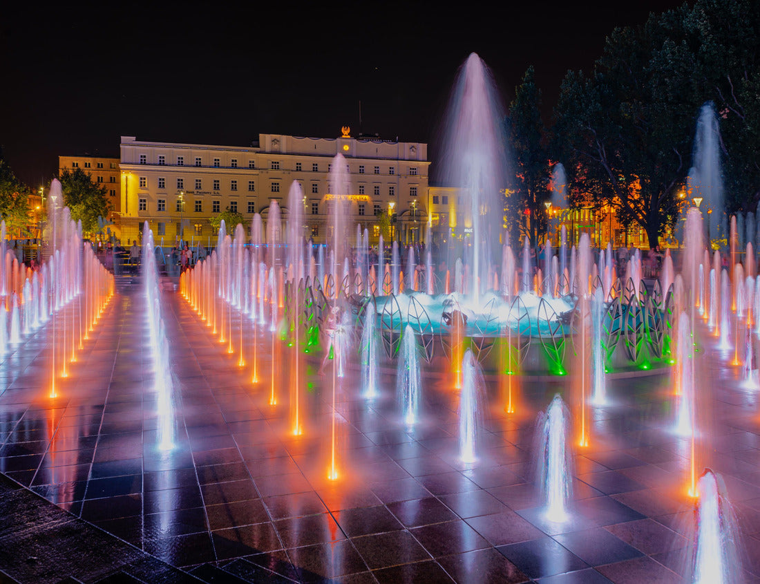 Noah Jigsaw Puzzle Night colorful fountain show in Lublin park. Vivid color fountain water 1000 pieces